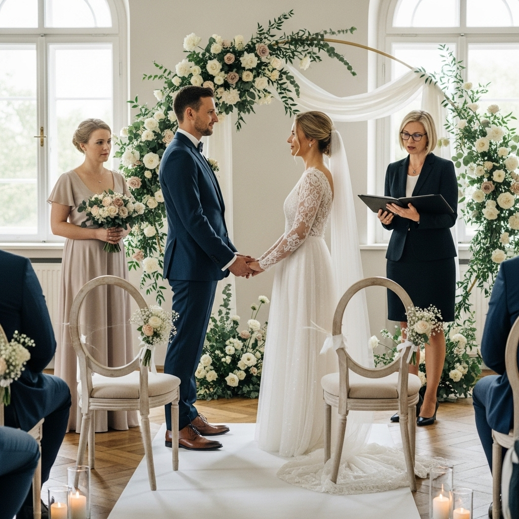 Elegante freie Trauung in lichtdurchflutetem Saal mit Moongate-Blumenbogen, professionelle Zeremonienleitung führt Brautpaar durch individuelle Trauzeremonie vor Trauzeugin und Gästen