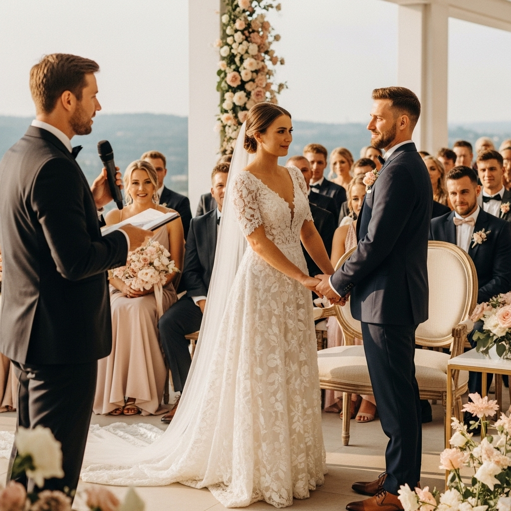 Professionelle Hochzeitsmoderation bei freier Trauung an exklusiver Location mit Meerblick, Brautpaar und Gäste in eleganter Atmosphäre mit Blumendekoration