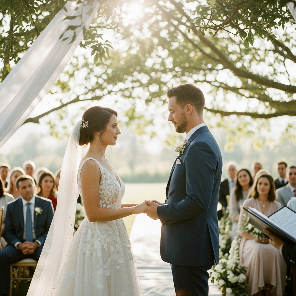 Emotionale Outdoor-Trauzeremonie unter majestätischem Baum mit natürlichem Lichtspiel, professionelle Hochzeitsrednerin begleitet Brautpaar beim Eheversprechen im Beisein der Familie