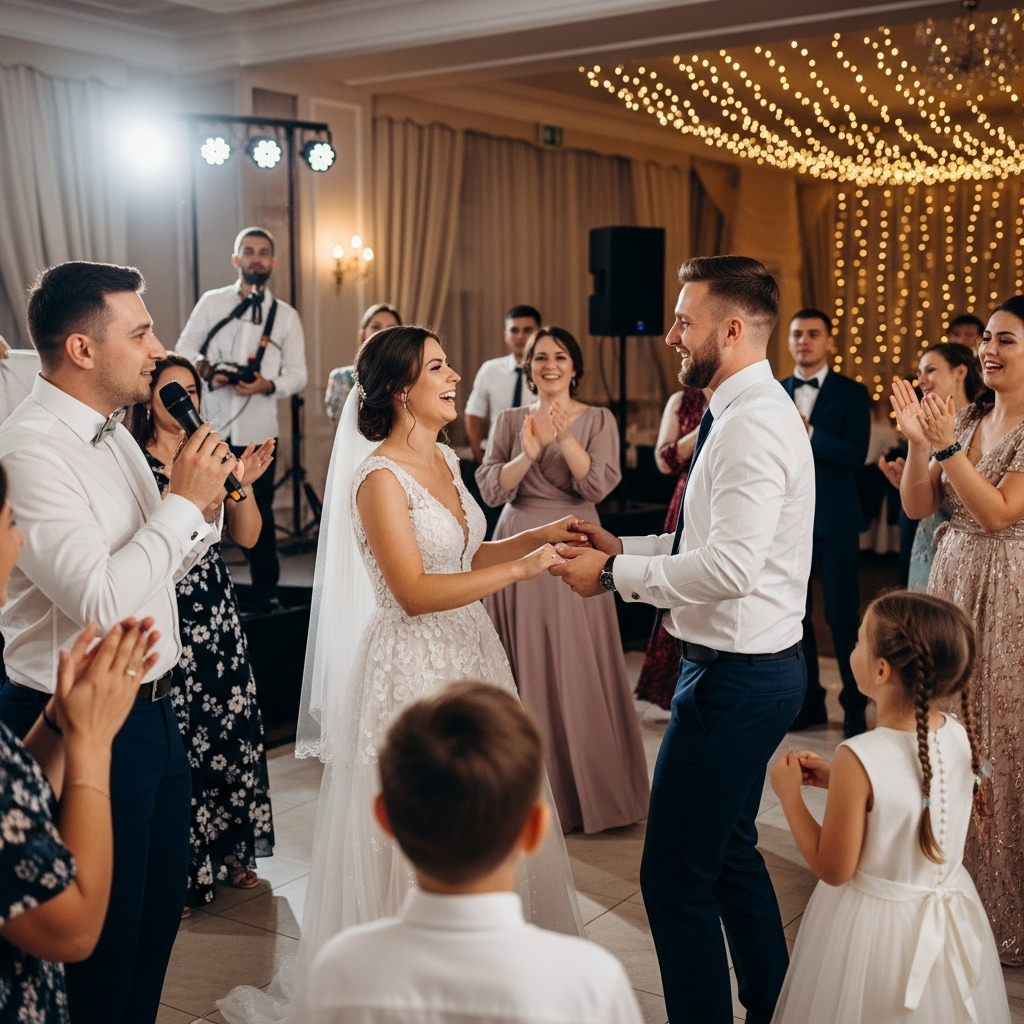 Professioneller Tamada moderiert interaktive Hochzeitsspiele mit Brautpaar im festlich beleuchteten Saal, umgeben von fröhlichen Hochzeitsgästen und Live-Musik